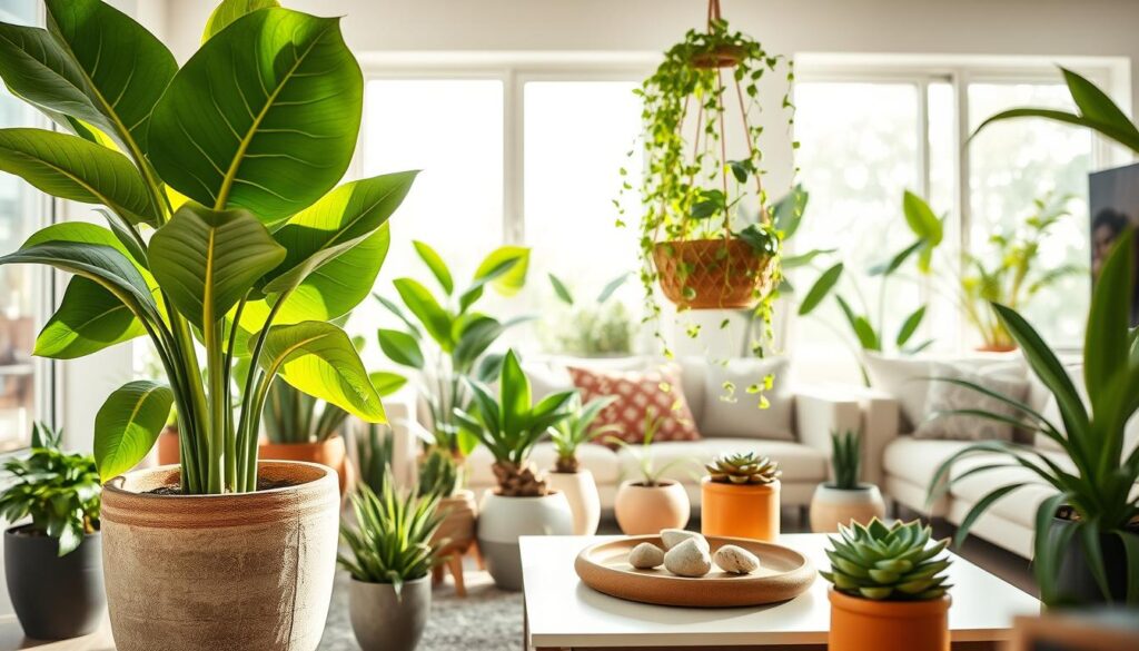 Plantas ornamentais de interior em vasos de cerâmica e suportes trazendo frescor para a sala de estar