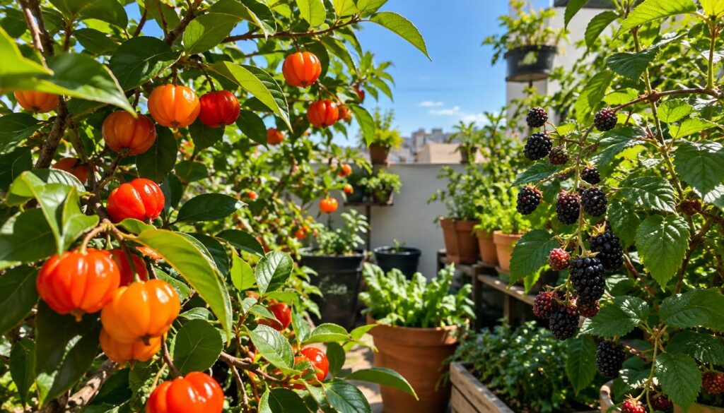 A vibrant, lush scene featuring a small urban garden with pitanga (Brazilian cherry) and amora (blackberry) plants thriving in limited space. In the foreground, showcase ripe, juicy pitangas with their characteristic bright orange color glistening in the sunlight, intermixed with clusters of dark, plump blackberries. The middle ground should include well-maintained pots and containers that creatively maximize space, illustrating a small but productive garden. In the background, a clear blue sky provides a warm, inviting atmosphere, while soft sunlight casts gentle shadows, enhancing the colors of the fruits and greenery. Capture the essence of urban gardening with a focus on connoisseurship and sustainability, highlighting the joy of growing fruits at home. A vibrant, lush scene featuring a small urban garden with pitanga (Brazilian cherry) and amora (blackberry) plants thriving in limited space. In the foreground, showcase ripe, juicy pitangas with their characteristic bright orange color glistening in the sunlight, intermixed with clusters of dark, plump blackberries. The middle ground should include well-maintained pots and containers that creatively maximize space, illustrating a small but productive garden. In the background, a clear blue sky provides a warm, inviting atmosphere, while soft sunlight casts gentle shadows, enhancing the colors of the fruits and greenery. Capture the essence of urban gardening with a focus on connoisseurship and sustainability, highlighting the joy of growing fruits at home.