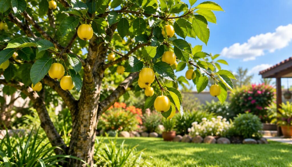 Uma vibrante árvore de araçá, carregada de frutos amarelo-vivos, ergue-se graciosamente em um jardim ensolarado. Em primeiro plano, uma grama verde e viçosa emoldura o tronco robusto e as folhas largas da árvore, enquanto alguns frutos amarelos maduros pendem de forma convidativa dos galhos. No plano intermediário, um gramado bem cuidado exibe uma combinação de plantas floridas coloridas e pedras decorativas, realçando o apelo visual. Ao fundo, vê-se um céu azul límpido com nuvens leves e fofas, deixando a luz do sol banhar a cena suavemente e criando uma atmosfera acolhedora e convidativa. A composição captura a beleza de um jardim de menor porte, ideal para proprietários que desejam adicionar charme e verde ao seu espaço externo. Utilize uma profundidade de campo reduzida para focar na árvore, criando um clima sereno e onírico.