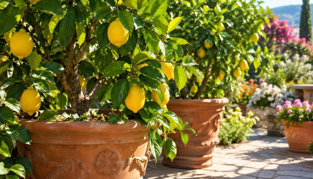 Limoeiros sicilianos viçosos prosperam em elegantes vasos de terracota, exibindo folhagem verde-vibrante e limões de amarelo intenso, dispostos em um jardim banhado pelo sol. Em primeiro plano, destacam-se as texturas detalhadas dos vasos, com a luz solar projetando sombras suaves no chão. No plano intermediário, a folhagem é abundante e saudável, com alguns limões parcialmente ocultos entre as folhas, criando uma sensação de fartura. O fundo revela uma vista de contornos suaves de um jardim colorido e florido, realçando a atmosfera serena. A iluminação é quente e acolhedora, evocando uma tarde ensolarada e capturando a essência do cultivo doméstico e a alegria de cuidar de limoeiros. O clima geral é de tranquilidade e bem-estar, ideal para uma cena de quintal exuberante.