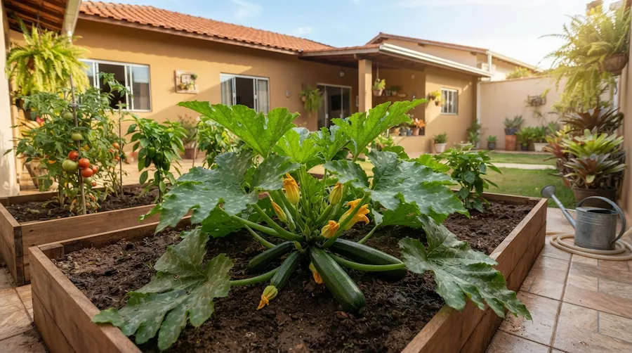 Abobrinha ocupando espaço em canteiro planejado ao lado de tomate e pimentão no quintal brasileiro