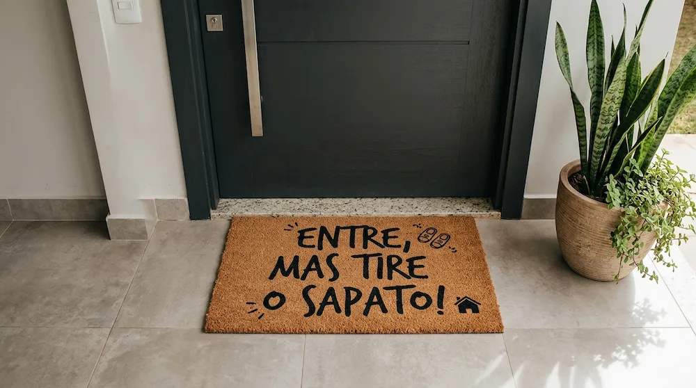 Capacho criativo com frase bem-humorada para porta de entrada descontraída e moderna