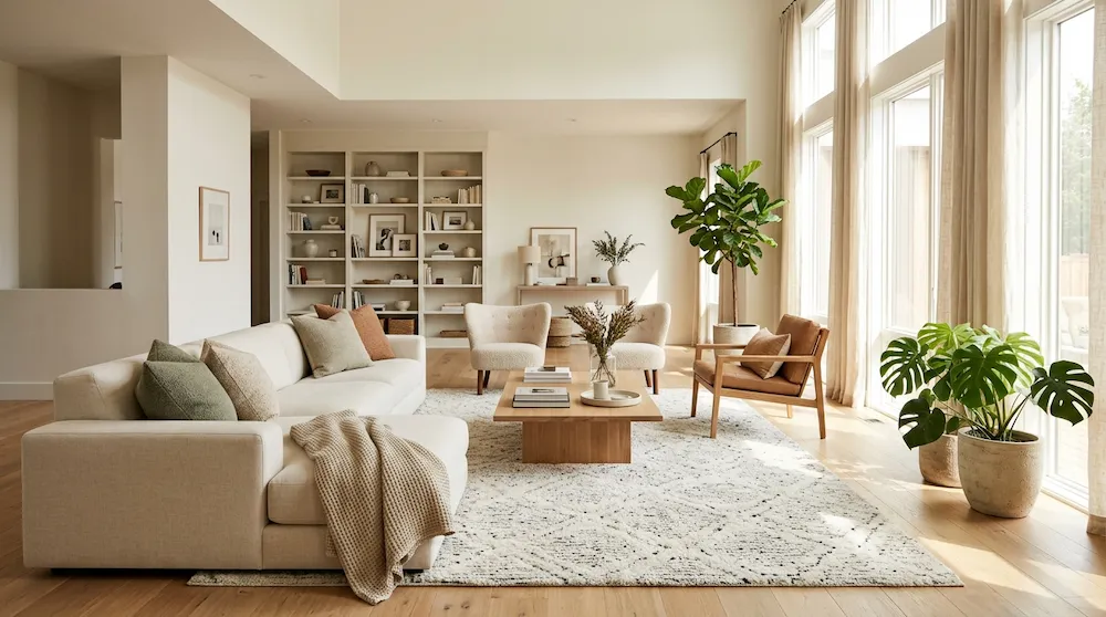 Sala de estar pequena pintada em tom off-white com luz natural ampla refletida nas paredes