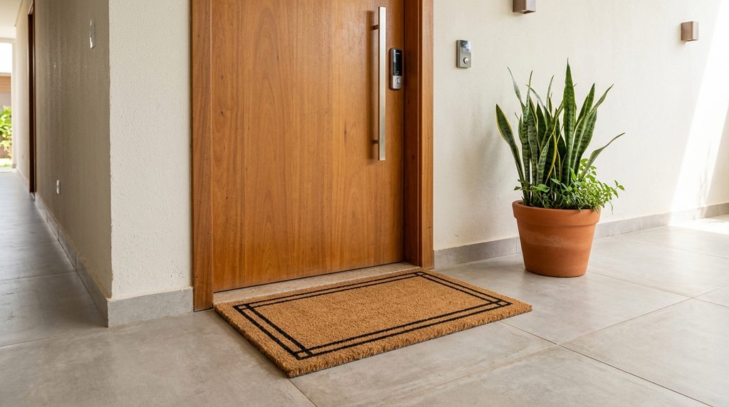 Hall de entrada da sala com capacho retangular na porta trazendo elegância e retenção de sujeira