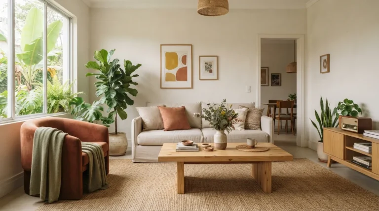 Sala brasileira com decoração acolhedora, base neutra, detalhes terracota e verde-oliva e diferentes texturas.