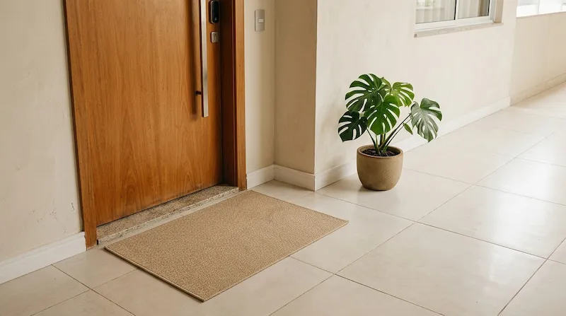 Capacho minimalista e neutro para porta de entrada com design clean e elegante