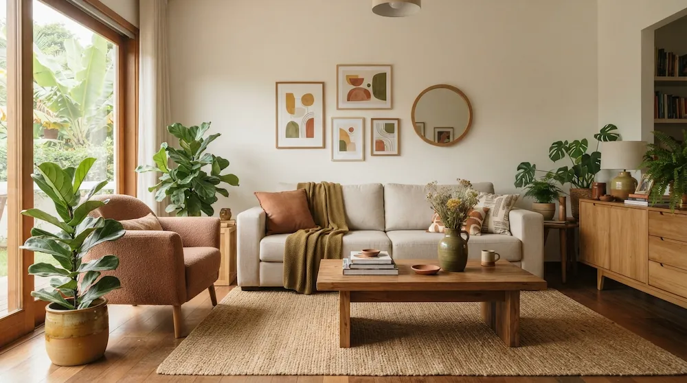 Sala brasileira com base neutra e detalhes coloridos que acrescentam conforto e personalidade