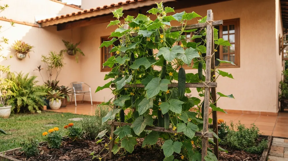 Pepino crescendo em treliça no quintal de uma casa brasileira durante a primavera