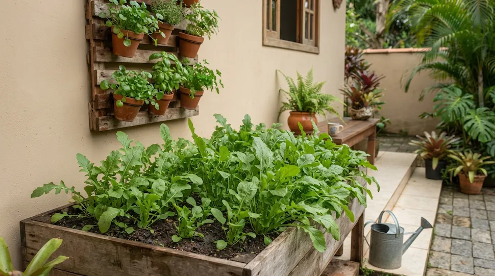 Rabanetes crescendo em horta de quintal de uma casa brasileira durante a primavera
