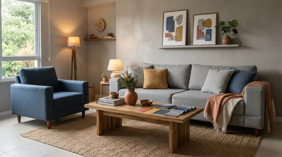Sala com base cinza e detalhes em azul, amarelo mostarda e terracota na decoração